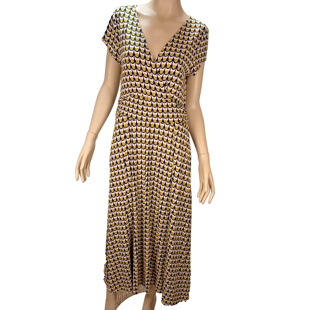 Boden Women V-Neck Jersey Midi Dress Size 10 Pink Blue Gold Geo Print Cap Sleeve